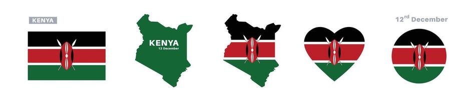 kenya flag and map set. kenya flag in official colors and proportions. independence day 12 december , map, circle and heart shaped kenya vector