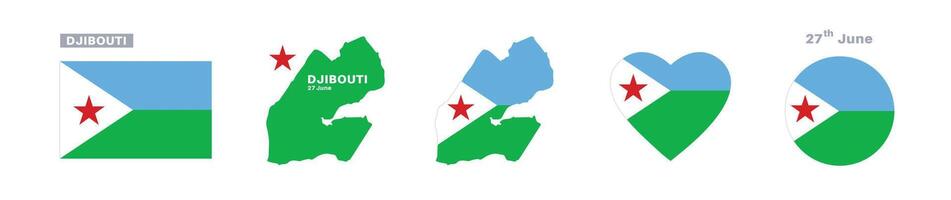 djibouti flag and map set. djibouti flag in official colors and proportions. independence day 27 june, map, circle and heart shaped djibouti vector