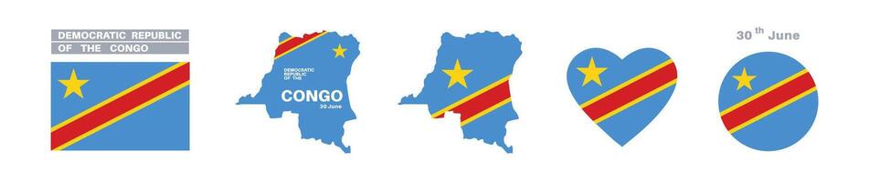 democratic republic of the congo flag and map set. flag in official colors and proportions. independence day 30 june, map, circle and heart shaped congo vector