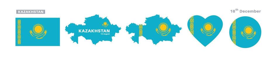 kazakhstan flag and map set. kazakhstan flag in official colors and proportions. independence day 16 december, map, circle and heart shaped kazakhstan vector