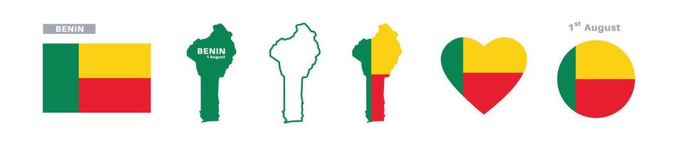 benin flag and map set. benin flag in official colors and proportions. independence day 1 august, map, circle and heart shaped benin vector