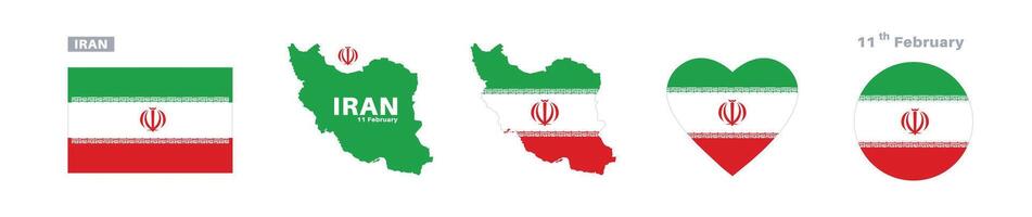 iran flag and map set. iran flag in official colors and proportions. independence day 11 February, map, circle and heart shaped iran vector