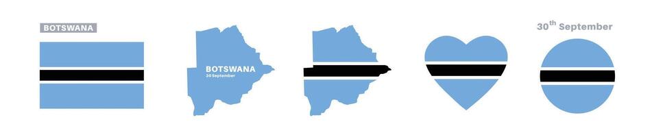 botswana flag and map set. botswana flag in official colors and proportions. independence day 30 september, map, circle and heart shaped botswana vector