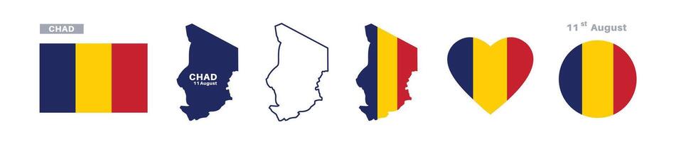 chad flag and map set. chad flag in official colors and proportions. independence day 11 august , map, circle and heart shaped chad vector