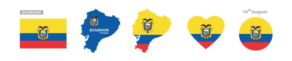 ecuador flag and map set. ecuador flag in official colors and proportions. independence day 10 august , map, circle and heart shaped ecuador vector