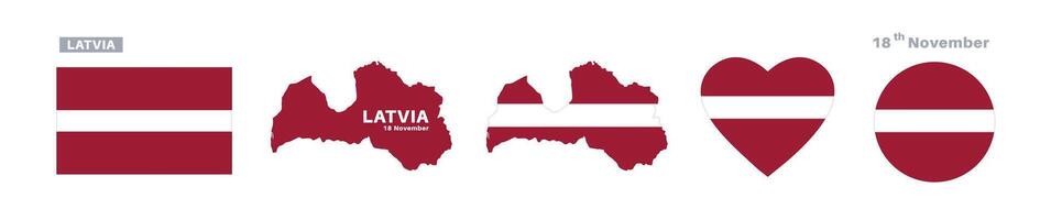 latvia flag and map set. latvia flag in official colors and proportions. independence day 18 november , map, circle and heart shaped latvia vector