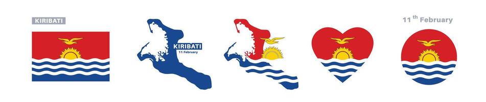 kiribati flag and map set. kiribati flag in official colors and proportions. independence day 11 february , map, circle and heart shaped kiribati vector