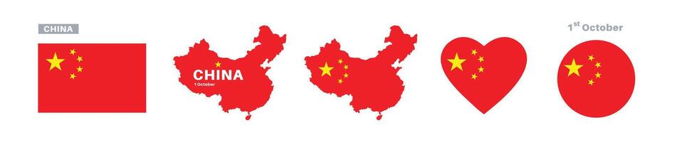 china flag and map set. china flag in official colors and proportions. independence day 1 october, map, circle and heart shaped china vector