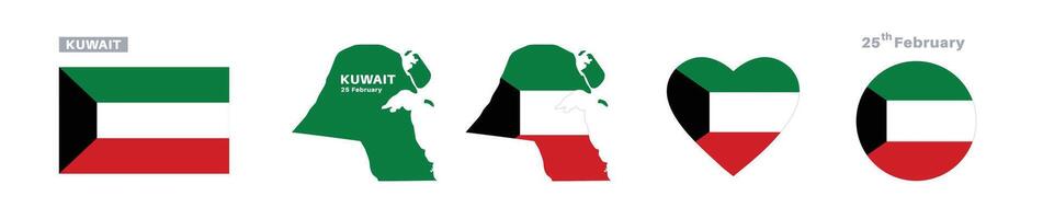 kuwait flag and map set. kuwait flag in official colors and proportions. independence day 25 february , map, circle and heart shaped kuwait vector