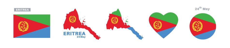 eritrea flag and map set. eritrea flag in official colors and proportions. independence day 24 may, map, circle and heart shaped eritrea vector
