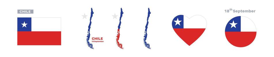 chile flag and map set. chile flag in official colors and proportions. independence day 18 september, map, circle and heart shaped chile vector