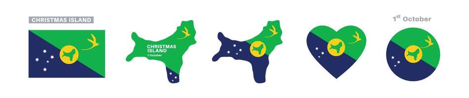 christmas island flag and map set. christmas island flag in official colors and proportions. independence day 1 october , map, circle and heart shaped christmas island vector