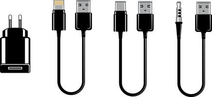 Set of minimal icons with power adapter and various USB cables, including audio and compact connectors. Isolated without background. Perfect for electronics and mobile device content. vector