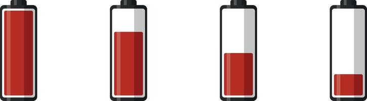 Set of four battery icons showing different low charge levels, red color fill, isolated on black, no background vector