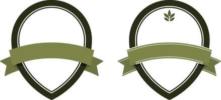 Two retro-style badge templates with olive green ribbon banners, teardrop shape design without background, ideal for branding or packaging vector