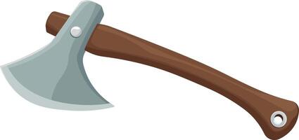 Colorful cartoon-style illustration of old axe with wooden handle, isolated without background. vector