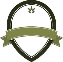 Retro-style badge template with olive green ribbon and small leaf icon, teardrop shape, flat design without background vector