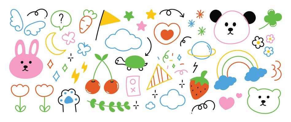 Set of cute colorful line doodle element . Hand drawn doodle collection of arrow, speech bubble, crown, flower, scribble, dog, carrot. Design for decoration, sticker, idol poster, kids.