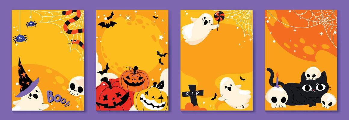 Happy Halloween poster set. spooky ghost, pumpkin, bat, candy, moon, skull, spider, cat. Illustration halloween festival for decoration, prints, website, promotion, ads.