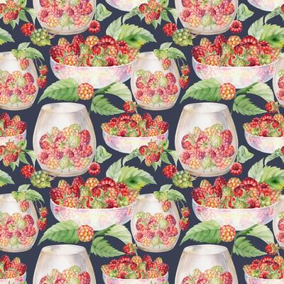 Raspberry mulberry cloudberry, leaves served in glass bowls, scattered ripe picked berry harvest hand drawn in watercolor. Seamless pattern isolated on dark. Home preserves, food crockery packaging