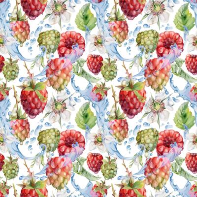 Raspberry leaves, dew drops flying in water splash hand drawn in watercolor. Ripe summer garden forest berry loganberry. Isolated seamless pattern tile. Home preserves, stationery, menu, recipe book