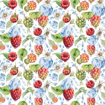 Raspberry leaves, dew drops, ice cubes, water splash hand drawn in watercolor. Ripe summer forest garden berry loganberry. Isolated seamless pattern tile. Home preserves, stationery, menu, recipe book