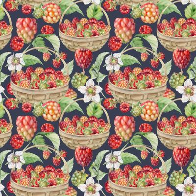 Raspberry with leaves in weaved basket, hand drawn in watercolor. Scattered ripe picked forest garden berry harvest. Seamless pattern isolated on dark. Home preserves, textile linens, food packaging