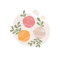 Three colorful bath bombs with organic plant elements. Concept of beauty and bodycare in a spa setting, flat design with cartoon graphic style, suitable for cosmetic product representations. vector