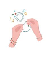 Hands making colorful bracelet with beads in a creative craft activity. Concept of DIY and hobby supplies, flat cartoon graphic style, suitable for workshops or children's classes. vector