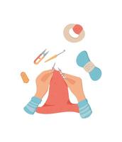 Hands hold needle and yarn while sewing a colorful piece of fabric. Craft tools include scissors and supplies for DIY activities. Concept of hobby, creativity, handmade elements. vector