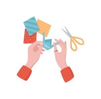 Hands working with colorful paper and scissors to create origami figures. Engaging activity for children, emphasizing DIY craftwork and creativity. Concept of fun, art, workshop activities. vector