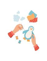 Hands sewing a cute penguin toy with colorful supplies and fabric. DIY activity for children and creative hobby. Flat style illustration ideal for craft educational themes. vector