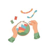 Hands holding needle and thread for sewing and embroidery project. Colorful tools supplies on flat surface. Concept of DIY creative activity for hobby craftwork. vector