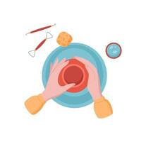 Hands work on crafting pottery bowl in workshop. Creative activity using tools for handmade art. Concept of DIY and craft, suitable for children and hobby classes. vector