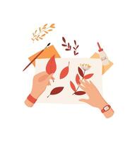 Hands of kids engage in craft collage using glue and colorful leaves. Creative DIY project illustration in flat cartoon graphic style. Ideal for school projects or art workshops. vector