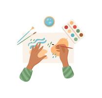 Hands of children engaging in craft activity with painting tools on a desk in school workshop. Creative concept of art and DIY, ideal for school activities and children's engagement. vector