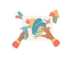 Hands of children making craft activity with tools and glue in creative workshop. Flat cartoon graphic style representation of kids engaged in DIY project, ideal for school or educational themes. vector