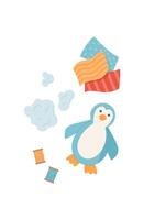 Cute penguin character surrounded by colorful fabric and sewing supplies. Fun DIY activity for children and craft enthusiasts. Concept of crafting creative exploration in a flat style. vector