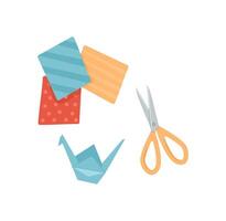 Paper, scissors, and origami crane elements on a flat surface. Creative DIY craft activity for children to create colorful handmade designs. Concept of fun, art, and creativity in workshops. vector