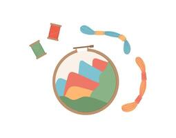 Flat illustration of sewing and embroidery craft kit with colorful yarn and thread. Cute DIY activity for children adults. Concept of handmade crafts, creative hobbies, fun projects. vector