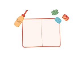 Children engage in craft activity using glue and notebook for decoration. Creative DIY tools and materials on a flat surface. Concept of school projects artistic fun for kids. vector