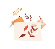 DIY craft activity with glue, paper, and leaves on a desk. Cute character holding a brush, creating flat illustration. Concept of creative hands activities for children and school workshops. vector
