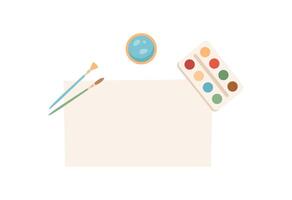 Paint and brush with colorful palette on paper for creative activity. Tools for craft and DIY projects. Concept of art creative expression, flat style, suitable school or workshop settings. vector