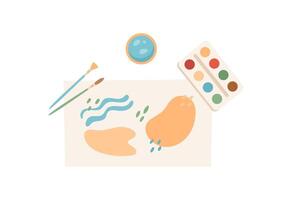 Children create colorful art in a workshop with painting supplies and craft materials. Creative activity and DIY handwork in flat style. Suitable for educational or hobby projects. vector