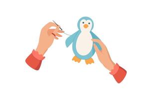 Hands sewing a cute penguin toy with needle and thread. DIY activity for children in craft workshop or class. Concept of creative hobbies, handmade art, and engaging activities for kids. vector