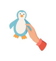 Hand holds a cute penguin toy in a colorful cartoon graphic style. The image captures the joy of craft and DIY activities for children. Concept of creativity, playfulness, and artistic expression. vector