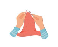 Hands holding knitting tool with vibrant yarn and fabric. DIY activity represents hobby and creative craftwork. Concept of needlework handmade projects, flat visual style, suitable for craft vector