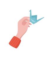 Hand making cute origami character from paper. Children craft activity showcasing creative expression and DIY fun. Concept of art, hobby, and educational workshop, ideal for childrens activities vector