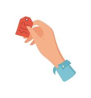 Hand holding a colorful tag labeled for craft activity. DIY tool for labeling and crafting projects. Concept of creative hobbies, flat design, suitable craft workshops and educational materials. vector