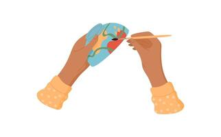 Hands engaged in craft activity, painting a colorful bowl with a brush and tool. Creative process of DIY art and craftwork, flat style. Suitable for childrens workshops creative classes. vector